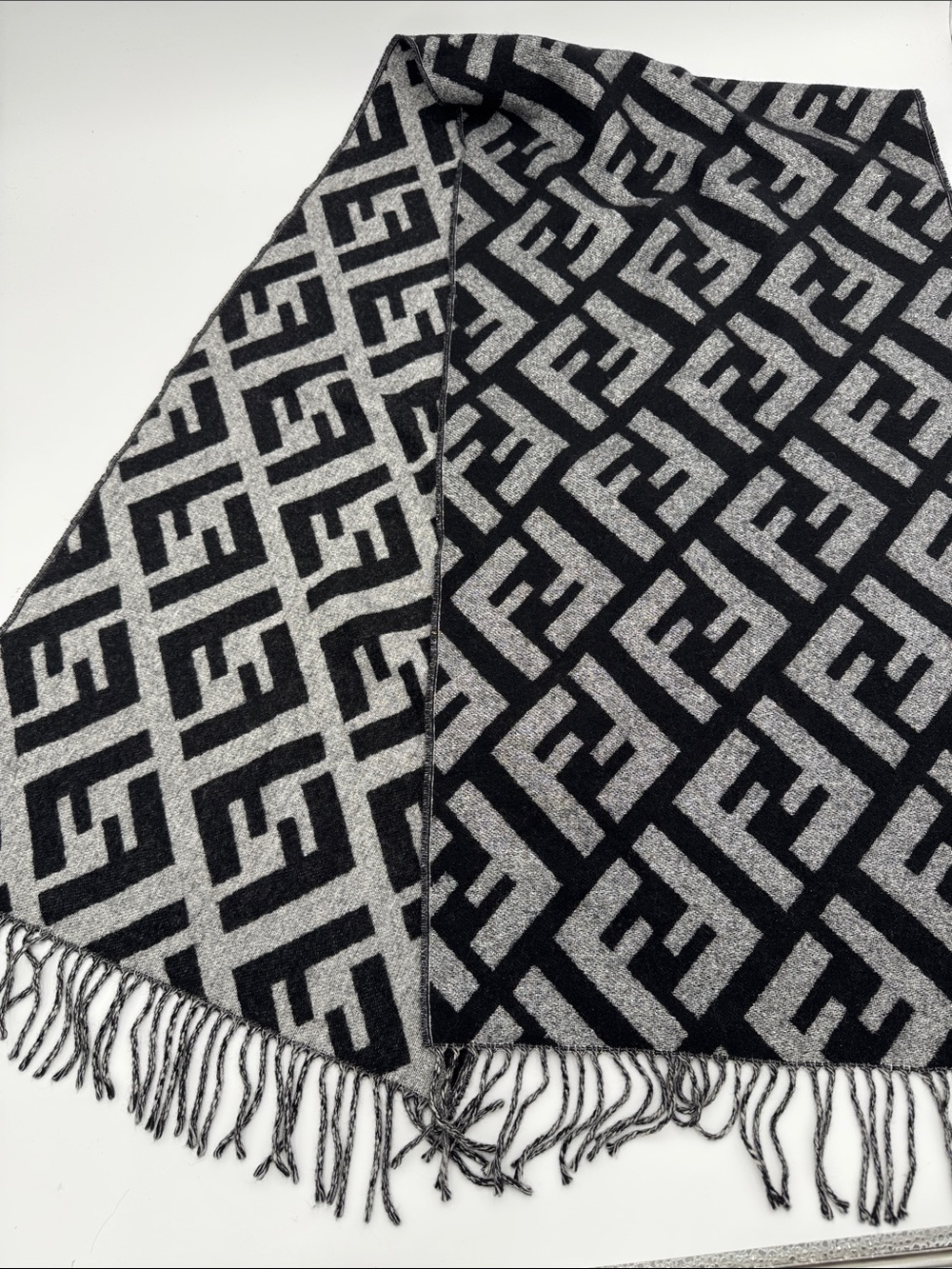 Fendi Black and Gray Sparkle Logo Fringe Scarf